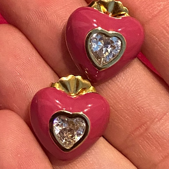 18k Gold Plated Pink Enamel & CZ Heart Studs - Picture 2 of 3